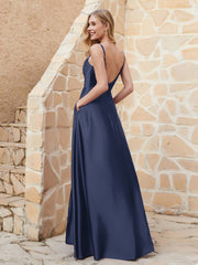 A-line Cowl Neck Satin Dress with Slit Dark Navy Plus Size