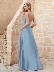 A-line Cowl Neck Satin Dress with Slit Dusty Blue