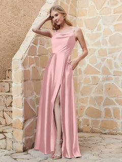 A-line Cowl Neck Satin Dress with Slit Dusty Rose