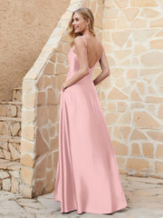 A-line Cowl Neck Satin Dress with Slit Dusty Rose
