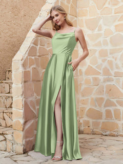 A-line Cowl Neck Satin Dress with Slit Dusty Sage