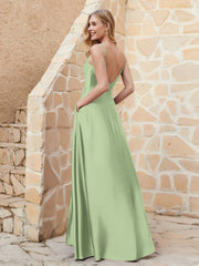 A-line Cowl Neck Satin Dress with Slit Dusty Sage