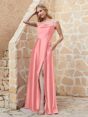 A-line Cowl Neck Satin Dress with Slit Flamingo