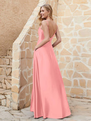 A-line Cowl Neck Satin Dress with Slit Flamingo