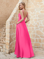A-line Cowl Neck Satin Dress with Slit Fuchsia