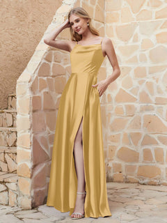 A-line Cowl Neck Satin Dress with Slit Gold