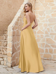 A-line Cowl Neck Satin Dress with Slit Gold