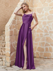 A-line Cowl Neck Satin Dress with Slit Grape