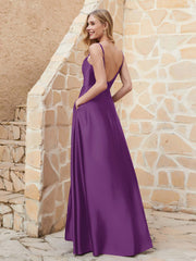 A-line Cowl Neck Satin Dress with Slit Grape