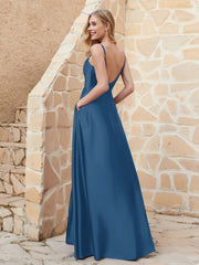 A-line Cowl Neck Satin Dress with Slit Ink Blue