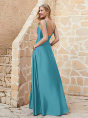 A-line Cowl Neck Satin Dress with Slit Jade