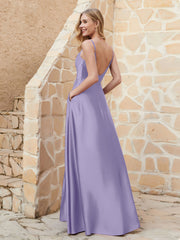 A-line Cowl Neck Satin Dress with Slit Lavender