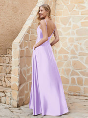 A-line Cowl Neck Satin Dress with Slit Lilac