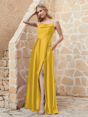 A-line Cowl Neck Satin Dress with Slit Marigold