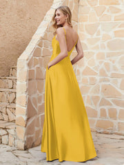 A-line Cowl Neck Satin Dress with Slit Marigold