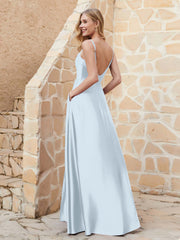A-line Cowl Neck Satin Dress with Slit Mist