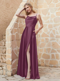 A-line Cowl Neck Satin Dress with Slit Mulberry