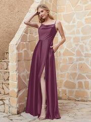 A-line Cowl Neck Satin Dress with Slit Mulberry Plus Size
