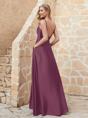 A-line Cowl Neck Satin Dress with Slit Mulberry