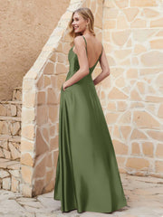 A-line Cowl Neck Satin Dress with Slit Olive Green