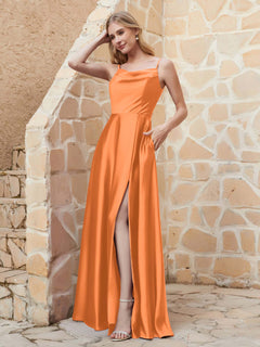 A-line Cowl Neck Satin Dress with Slit Orange