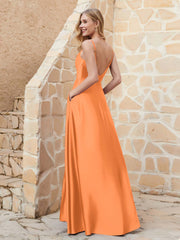 A-line Cowl Neck Satin Dress with Slit Orange