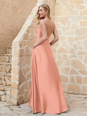 A-line Cowl Neck Satin Dress with Slit Papaya