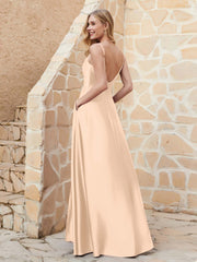 A-line Cowl Neck Satin Dress with Slit Peach