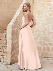 A-line Cowl Neck Satin Dress with Slit Pearl Pink Plus Size