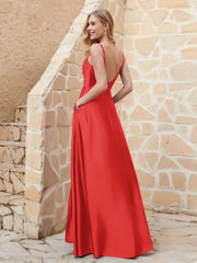 A-line Cowl Neck Satin Dress with Slit Red