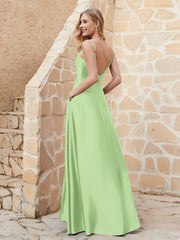 A-line Cowl Neck Satin Dress with Slit Sage