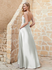 A-line Cowl Neck Satin Dress with Slit Silver