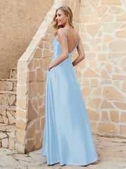 A-line Cowl Neck Satin Dress with Slit Sky Blue