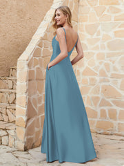 A-line Cowl Neck Satin Dress with Slit Slate Blue