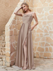 A-line Cowl Neck Satin Dress with Slit Taupe