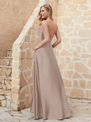 A-line Cowl Neck Satin Dress with Slit Taupe