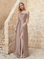 A-line Cowl Neck Satin Dress with Slit Taupe