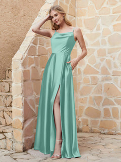 A-line Cowl Neck Satin Dress with Slit Turquoise