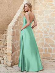 A-line Cowl Neck Satin Dress with Slit Turquoise