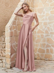 A-line Cowl Neck Satin Dress with Slit Vintage Mauve