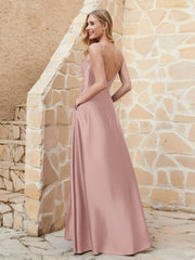 A-line Cowl Neck Satin Dress with Slit Vintage Mauve