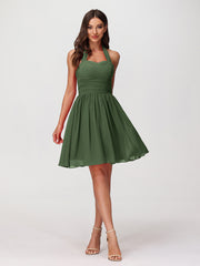 Mini Chiffon Dresses with Halter Neck Olive Green