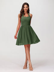 Mini Chiffon Dresses with Halter Neck Olive Green