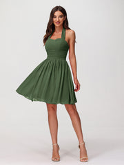 Mini Chiffon Dresses with Halter Neck Olive Green