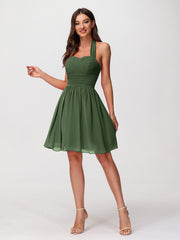 Mini Chiffon Dresses with Halter Neck Olive Green