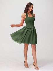 Mini Chiffon Dresses with Halter Neck Olive Green