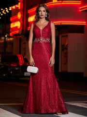 Plunging V-Neck Beaded Sheath Lace Gown Burgundy Plus Size