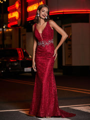 Plunging V-Neck Beaded Sheath Lace Gown Burgundy Plus Size