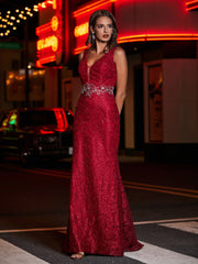 Plunging V-Neck Beaded Sheath Lace Gown Burgundy Plus Size