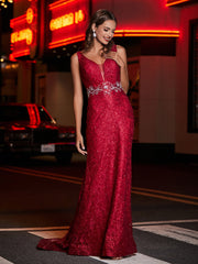 Plunging V-Neck Beaded Sheath Lace Gown Burgundy Plus Size
